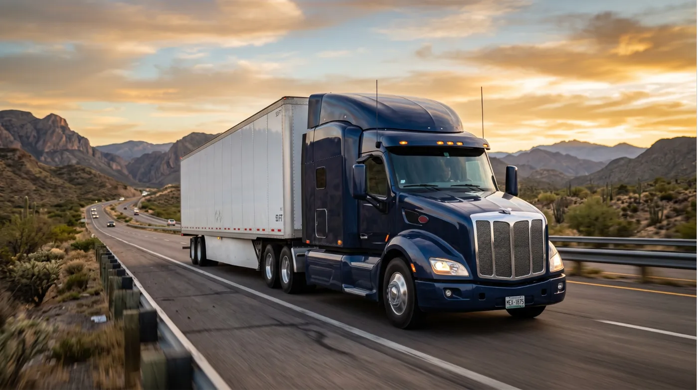 Tráiler de Eliann Logística en carretera al atardecer